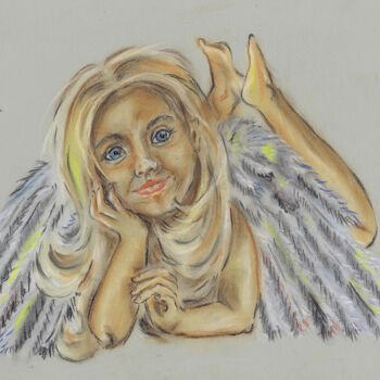 Tekening getiteld "Girl with angel win…" door Svetlana Gudilova, Origineel Kunstwerk, Pastel
