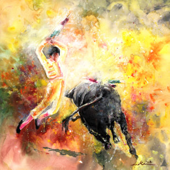 Painting titled "Bullfight 22" by Miki De Goodaboom, Original Artwork, Watercolor