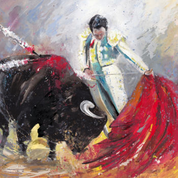 Schilderij getiteld "Bullfight 69" door Miki De Goodaboom, Origineel Kunstwerk, Olie