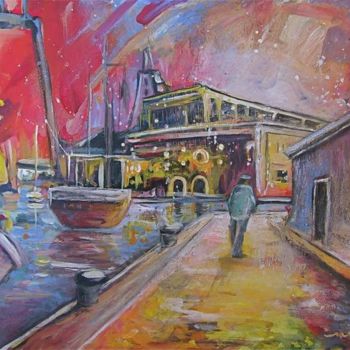 Schilderij getiteld "Harbour by Night" door Miki De Goodaboom, Origineel Kunstwerk, Olie