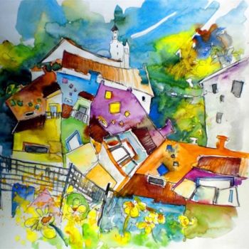 Pintura titulada "Rainbow Houses in V…" por Miki De Goodaboom, Obra de arte original, Oleo