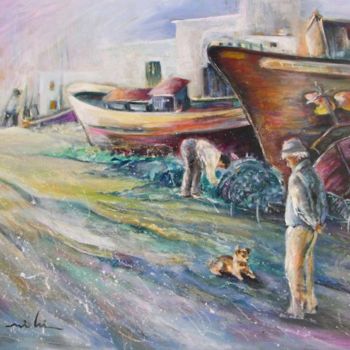 Картина под названием "Boats Yard in Villa…" - Miki De Goodaboom, Подлинное произведение искусства, Масло