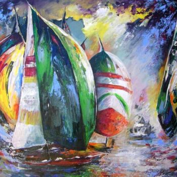 Schilderij getiteld "Sailing Regatta" door Miki De Goodaboom, Origineel Kunstwerk, Olie