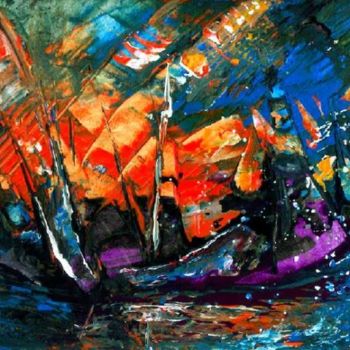 Schilderij getiteld "Tormented Boats" door Miki De Goodaboom, Origineel Kunstwerk, Olie