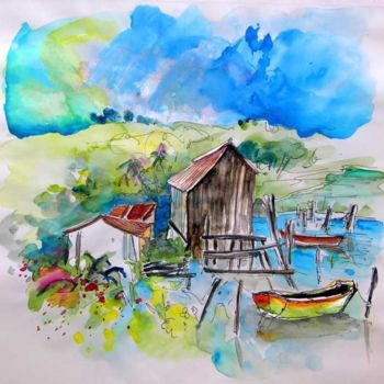 Painting titled "Boats House in Comp…" by Miki De Goodaboom, Original Artwork, Oil