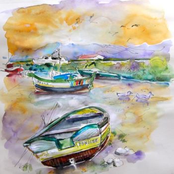 Painting titled "Boats in Carrasquei…" by Miki De Goodaboom, Original Artwork, Oil