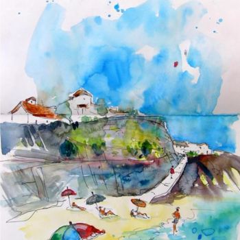 Painting titled "Beach in Ericeira" by Miki De Goodaboom, Original Artwork, Oil