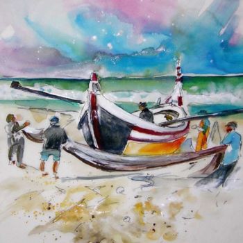 「Fishermen in Praia…」というタイトルの絵画 Miki De Goodaboomによって, オリジナルのアートワーク, オイル