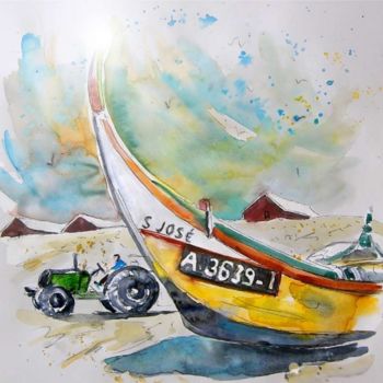 Painting titled "Fisherboat in Praia…" by Miki De Goodaboom, Original Artwork, Oil