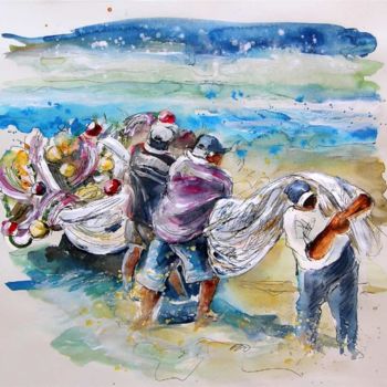 Painting titled "Fishermen in Praia…" by Miki De Goodaboom, Original Artwork, Oil