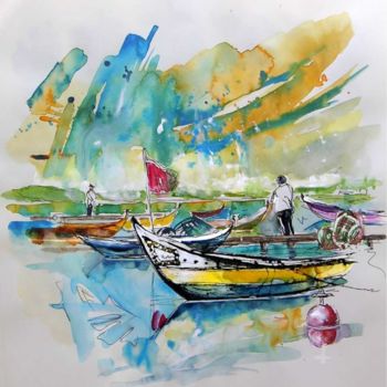 Peinture intitulée "Boats in Torreira" par Miki De Goodaboom, Œuvre d'art originale, Encre