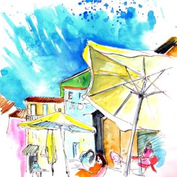 Schilderij getiteld "Parasols in Vila do…" door Miki De Goodaboom, Origineel Kunstwerk, Olie