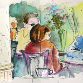 Painting titled "Cafe Life - 2 -" by Miki De Goodaboom, Original Artwork, Oil