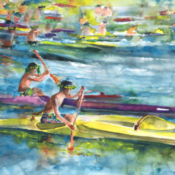 Ζωγραφική με τίτλο "Canoe Race In Polyn…" από Miki De Goodaboom, Αυθεντικά έργα τέχνης, Λάδι