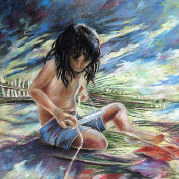 Painting titled "Tahitian Boy with K…" by Miki De Goodaboom, Original Artwork, Oil
