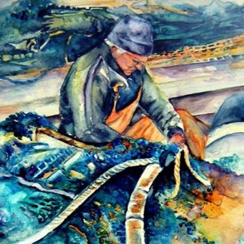 Painting titled "Old Fisherman with…" by Miki De Goodaboom, Original Artwork, Oil