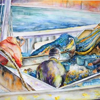 Malerei mit dem Titel "Fishermen in Calpe" von Miki De Goodaboom, Original-Kunstwerk, Öl