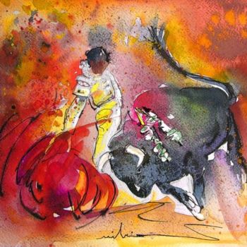 Schilderij getiteld "Bullfighting The Re…" door Miki De Goodaboom, Origineel Kunstwerk, Aquarel