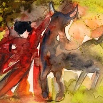 Malerei mit dem Titel "Bull and Man in Pap…" von Miki De Goodaboom, Original-Kunstwerk, Öl