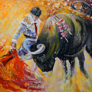Schilderij getiteld "Bullfighting in Neo…" door Miki De Goodaboom, Origineel Kunstwerk, Acryl