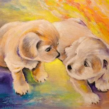 Painting titled "Two Puppies" by Miki De Goodaboom, Original Artwork, Acrylic