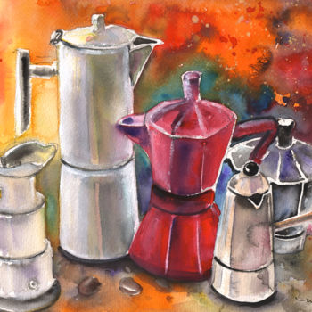 Painting titled "Italian Coffee Party" by Miki De Goodaboom, Original Artwork, Watercolor