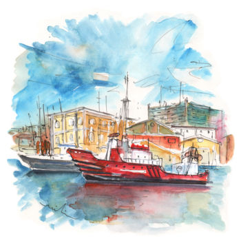 Painting titled "Red Boat in Cartage…" by Miki De Goodaboom, Original Artwork, Watercolor