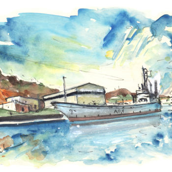Pintura intitulada "Warship in Cartagena" por Miki De Goodaboom, Obras de arte originais, Aquarela