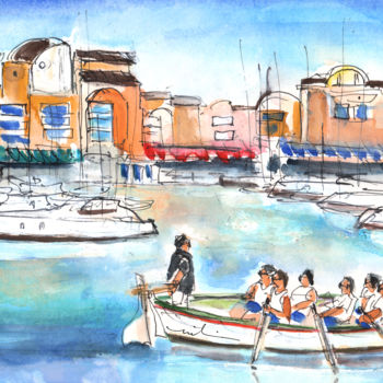 Schilderij getiteld "Rowing In Gruissan" door Miki De Goodaboom, Origineel Kunstwerk, Aquarel