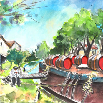 Schilderij getiteld "Old Wine Barge by N…" door Miki De Goodaboom, Origineel Kunstwerk, Aquarel