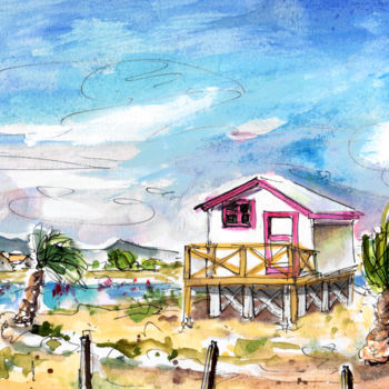 Painting titled "House On Stilts By…" by Miki De Goodaboom, Original Artwork, Watercolor