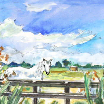 Schilderij getiteld "White Horse by Grui…" door Miki De Goodaboom, Origineel Kunstwerk, Aquarel