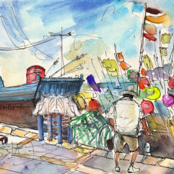 Schilderij getiteld "Peniscola Harbour 02" door Miki De Goodaboom, Origineel Kunstwerk, Aquarel