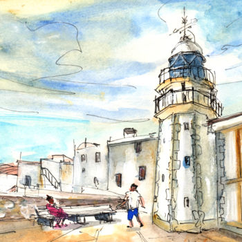 Painting titled "Light Tower from Pe…" by Miki De Goodaboom, Original Artwork, Watercolor