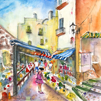 Pintura titulada "Shops In Peniscola" por Miki De Goodaboom, Obra de arte original, Acuarela