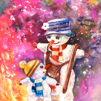 Painting titled "SnowBall And SnowFl…" by Miki De Goodaboom, Original Artwork, Watercolor
