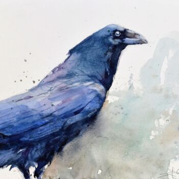 Painting titled "Le corbeau ( Raven )" by Goran Žigolić (watercolors), Original Artwork, Watercolor