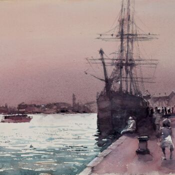 Pintura titulada "Sailship in Venice" por Goran Žigolić (watercolors), Obra de arte original, Acuarela