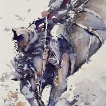 Peinture intitulée "Cowboy and horse" par Goran Žigolić (watercolors), Œuvre d'art originale, Aquarelle