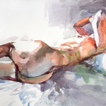 Painting titled "Nude on bed 4" by Goran Žigolić (watercolors), Original Artwork, Watercolor