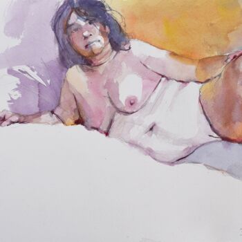 Painting titled "Nude on bed 5" by Goran Žigolić (watercolors), Original Artwork, Watercolor