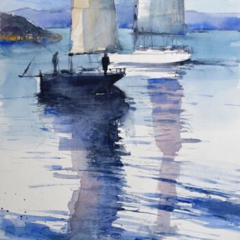Peinture intitulée "Two sailboats" par Goran Žigolić (watercolors), Œuvre d'art originale, Aquarelle