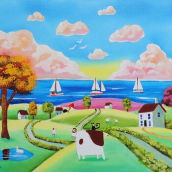 Painting titled "Folk art landscape…" by Gordon Bruce, Original Artwork, Oil