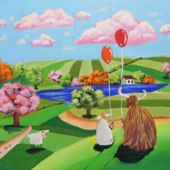 Peinture intitulée "Cow and sheep with…" par Gordon Bruce, Œuvre d'art originale, Huile