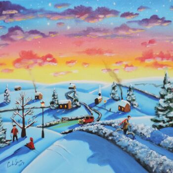 Painting titled "Winter naive art" by Gordon Bruce, Original Artwork, Oil