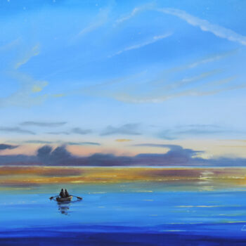 Painting titled "Boat on the sea blue" by Gordon Bruce, Original Artwork, Oil