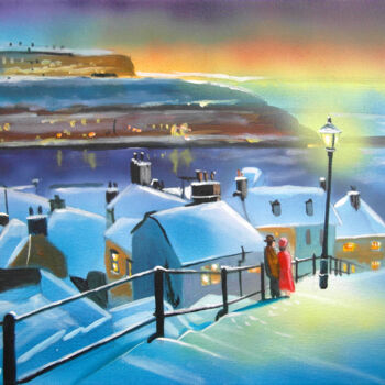 Painting titled "Whitby 199 steps in…" by Gordon Bruce, Original Artwork, Oil Mounted on Wood Stretcher frame