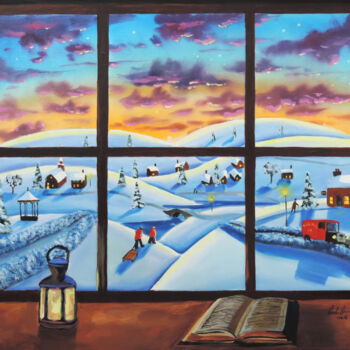 Schilderij getiteld "Winter window folk…" door Gordon Bruce, Origineel Kunstwerk, Olie