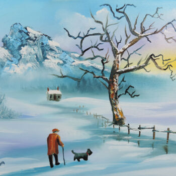Malerei mit dem Titel "Walking the dog in…" von Gordon Bruce, Original-Kunstwerk, Öl