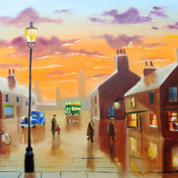 Painting titled "Evening in town" by Gordon Bruce, Original Artwork, Oil Mounted on Wood Stretcher frame
